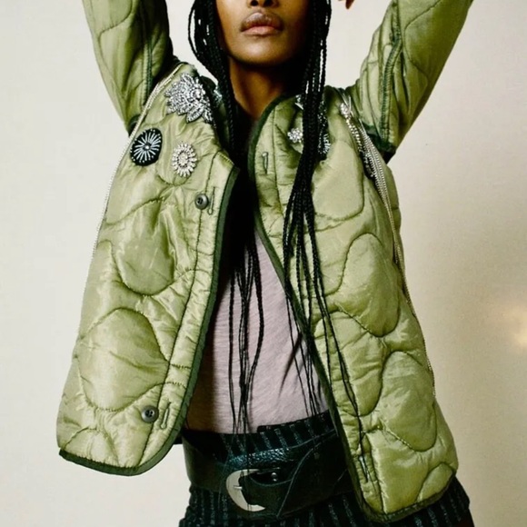 Free People X Tricia Fix Broached Liner Jacket Upcycled Reworked Olive - Picture 3 of 8